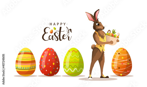 Happy Easter card design. Rabbit with basket and decorated easter eggs. Vector illustration for poster, banner, card, postcard.