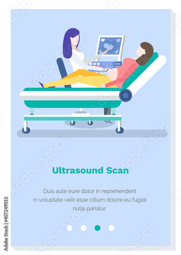 Woman doctor with clipboard. Landing page of medical website concept. Office of with ultrasound machine. Doctor examining patient. A gynecologist is diagnosing a pregnant woman and her baby