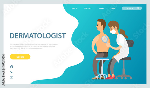 Dermatologist examines a spot from a man patient with magnifying glass in clinic landing page. Medical procedure dermatoscopy. Doctor looking at a patients skin, therapist, oncologist examines a mole
