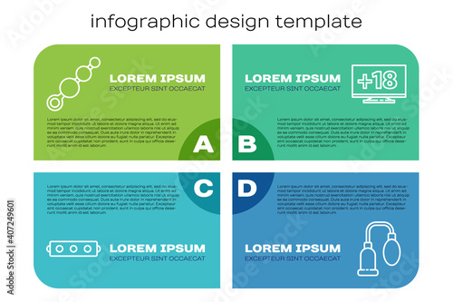 Set line Silicone ball gag with belt, Anal beads, Penis pump and Monitor with 18 plus content. Business infographic template. Vector.