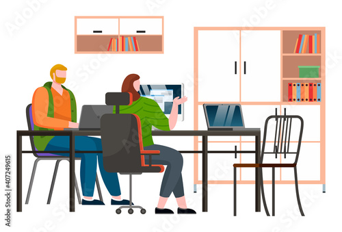 Businesspeople discuss a project. Business meeting, working process in office workspace with computer. A man and a woman sitting at a table, communicating programmers develop new program code