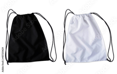 3D illustration. Black and white drawstring bag mockup isolated one white background