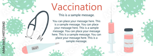 Horizontal banner on the topic of vaccination against coronavirus with space for text. Design for website or social networks. Vector flat infographics illustration on white background.