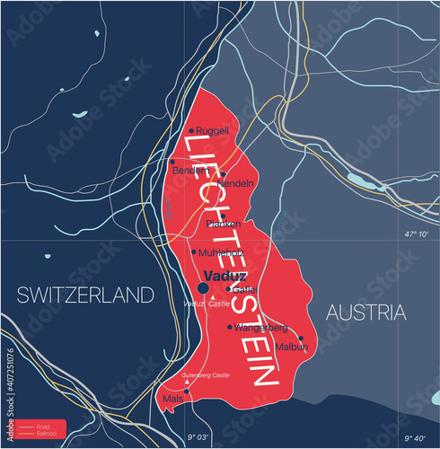 Liechtenstein country detailed editable map with regions cities and towns, roads and railways, geographic sites. Vector EPS-10 file