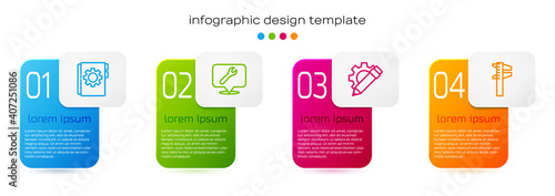 Set line User manual, Location with wrench spanner, Pencil and gear and Calliper or caliper scale. Business infographic template. Vector.