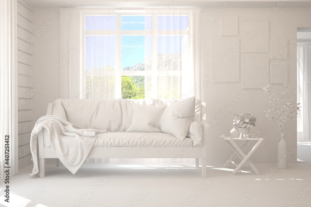 White living room with sofa and summer landscape in window. Scandinavian interior design. 3D illustration White living room with sofa and summer landscape in window. Scandinavian interior design. 3D illustration