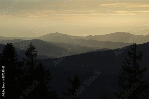 Fototapeta Naklejka Na Ścianę i Meble -  Sunset in the mountains, Zywiec Beskids, Poland