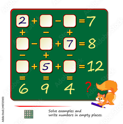 Mathematical logic puzzle game. Solve examples and write numbers in empty places. Page for brain teaser book. Math exercises on addition and subtraction. Play online. Memory training for seniors.