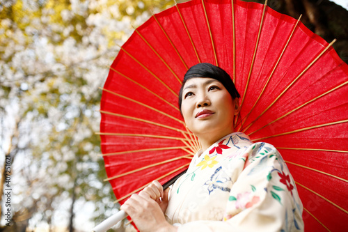 Kimono woman and cherry blossoms