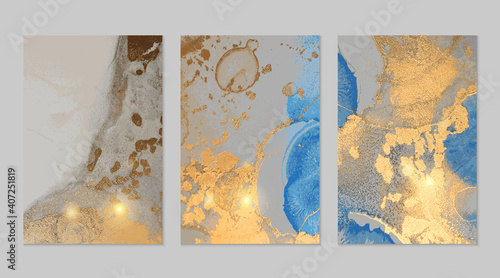 Gold and navy blue stone marble pattern with sparkles. Abstract vector background in alcohol ink technique. Modern paint with glitter. Set of templates for banner, poster design. Fluid art