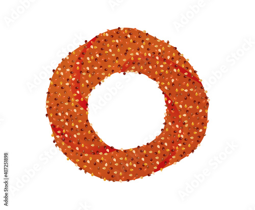 Freshly baked bagels (simit - gevrek veya kuluri) on a sesame bun. Turkish traditional bagel. Sesame Bagel. Traditional flavors of Izmir or Istanbul. Modern style cartoon vector illustration. 