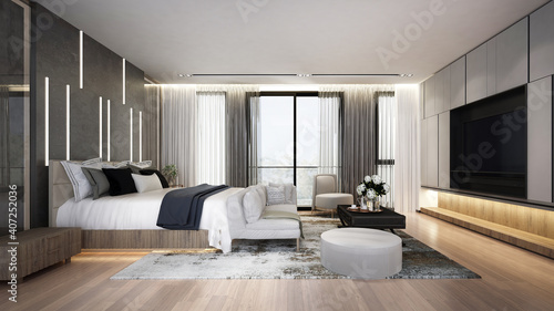 Modern bedroom interior mock up, wooden rattan bed on empty marble wall background, Scandinavian style, 3d render  photo