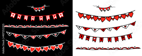 vector isolated set of flags garland hearts of black and white outline with red color on white and black background. Romantic element for the design template Invitation card, banner, greeting card.