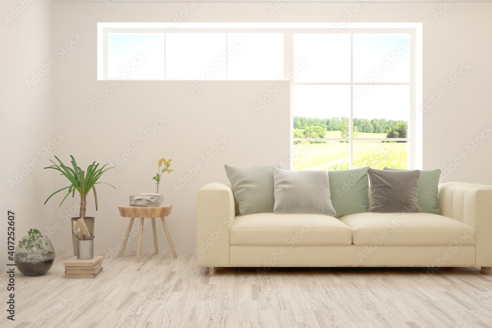 White living room with sofa and summer landscape in window. Scandinavian interior design. 3D illustration White living room with sofa and summer landscape in window. Scandinavian interior design. 3D illustration