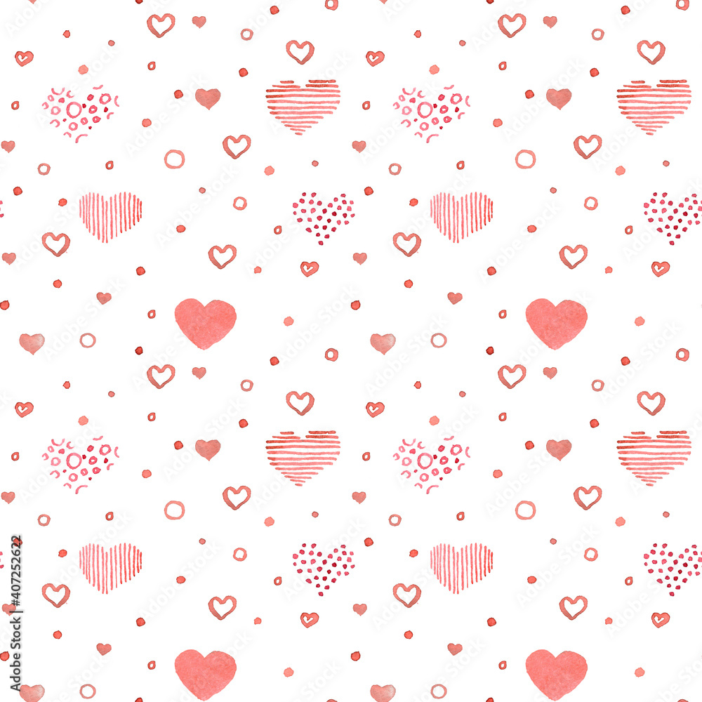 Valentine's day watercolor seamless pattern with pink, red hearts and dots Valentine's day watercolor seamless pattern with pink, red hearts and dots