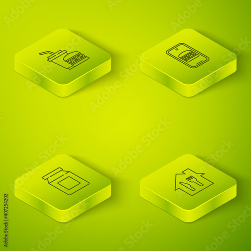 Set Isometric Online ordering and delivery, , and Paper glass burger icon. Vector.