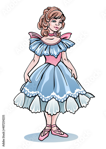 Vector illustration of little beautiful ballerina dancer girl in classic dance light blue dress and pointe shoes rose stays on dance room floor.