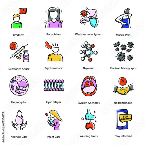 
Pack of Body Cells and Biology Doodle Icons 
