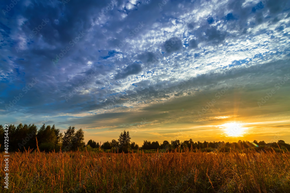 Beautiful summer sunset or sunrise in a field with a beautiful sky.