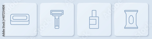 Set line Bar of soap, Bottle for cleaning agent, Shaving razor and Wet wipe pack. White square button. Vector.