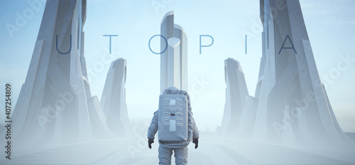 Astronaut Futuristic Sci-Fi Utopian City Alien Landscape with Utopia Text Typeface 3d illustration render   photo