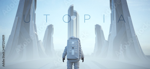 Photography Astronaut Futuristic Sci-Fi Utopian City Alien Landscape with Utopia Text Typefa