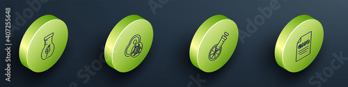Set Isometric line Test tube and flask, Genetically modified meat, orange and GMO icon. Vector.