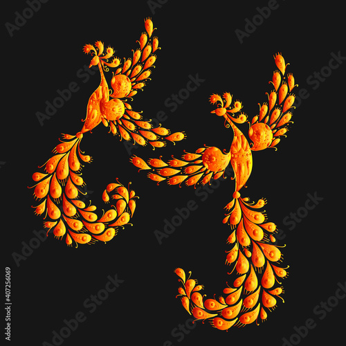 Firebirds with a Majestic Tail. Phoenix Birds. Mythical characters. Ornamental Silhouette for your design
