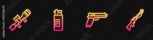 Set line Pistol or gun, Sniper optical sight, Weapons oil bottle and Hunting. Glowing neon icon. Vector.