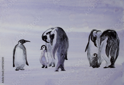 group of penguins watercolor