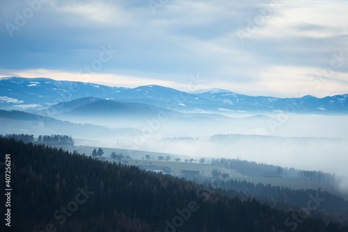 Fog in autumnal forest in Austria