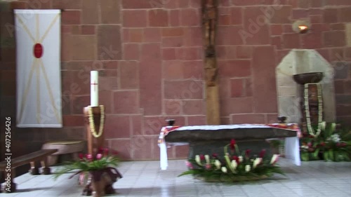 Slow panning of the Altar of the Notre Dame Cathedral in Taiohae, Nuku Hiva, French Polynesia. photo