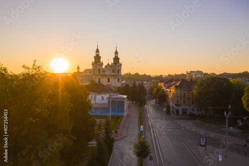 The Roman Catholic church of St. Mary Magdalene (House of organ and chamber music) in Lviv, Ukraine. View from drone 