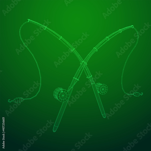 Fishing rod with line sinker and hook. Wireframe low poly mesh vector illustration.