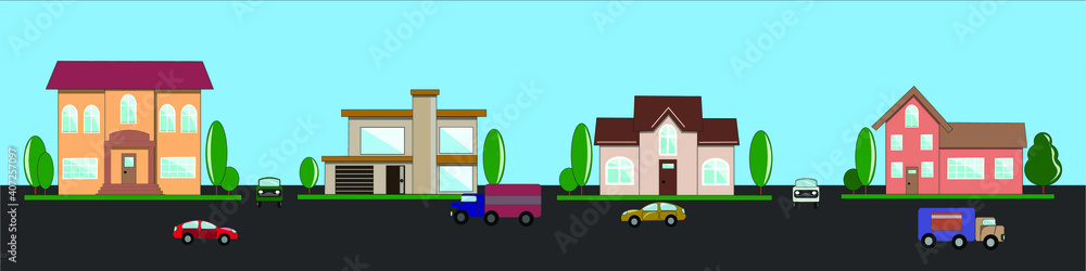 Houses, courtyards, trees, trucks and cars, road. Suburb. Family home. Small city. The street. Vector isolated objects.