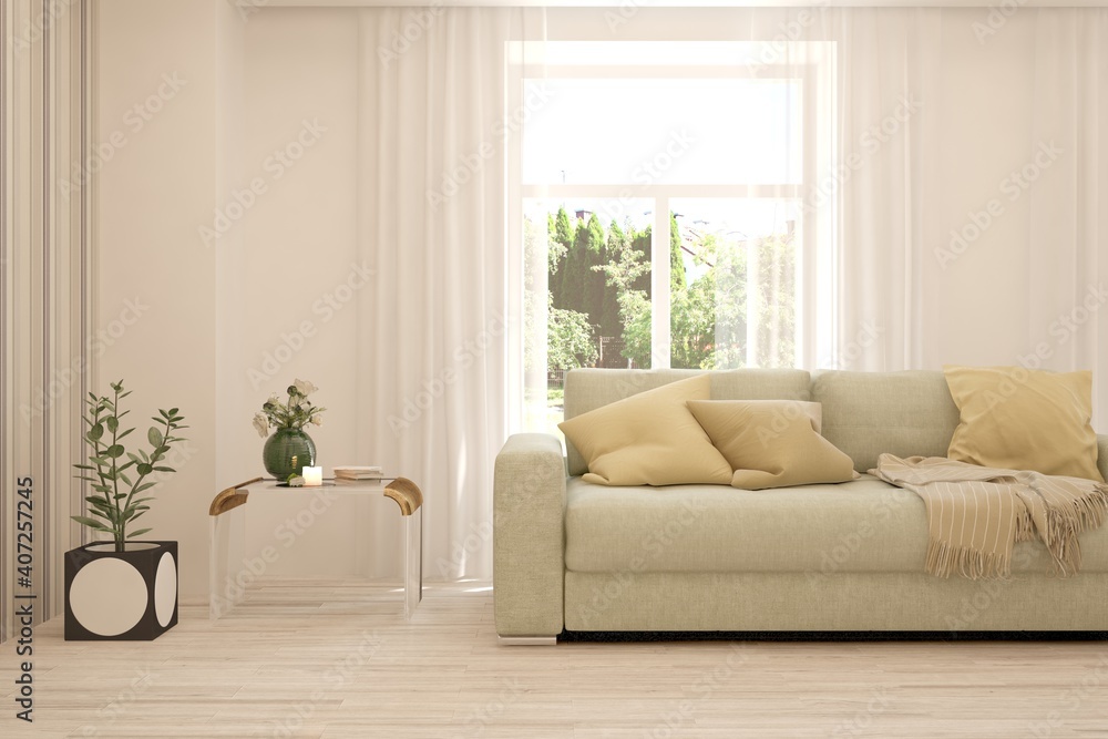 Naklejka premium White living room with sofa and summer landscape in window. Scandinavian interior design. 3D illustration