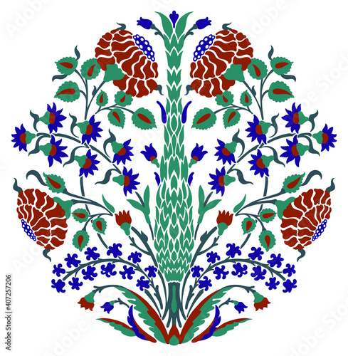 Round vector floral ornament motif, colorful composition of Middle Asian, Arabian islamic vector decorative motifs and elements. Damask ornate boho style vintage decor  for custom print and design.