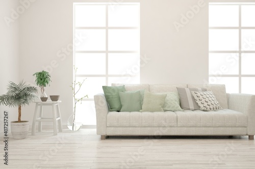 White living room with sofa. Scandinavian interior design. 3D illustration