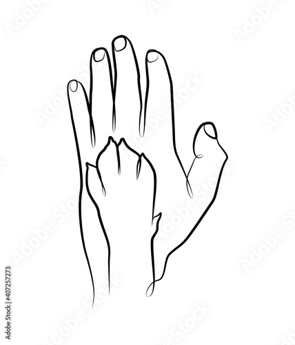 Human hand and dog paw in one line. Black line vector illustration on white background