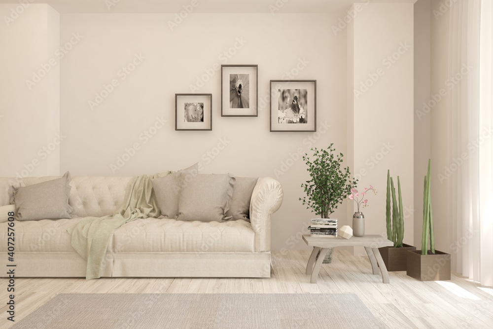 Fototapeta premium White living room with sofa. Scandinavian interior design. 3D illustration