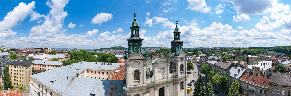 Fototapeta premium The Roman Catholic church of St. Mary Magdalene (House of organ and chamber music) in Lviv, Ukraine. View from drone 