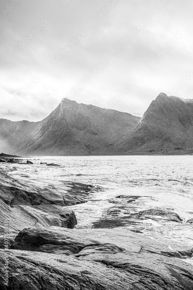 Mountains of Senja surrounded by water in north Norway