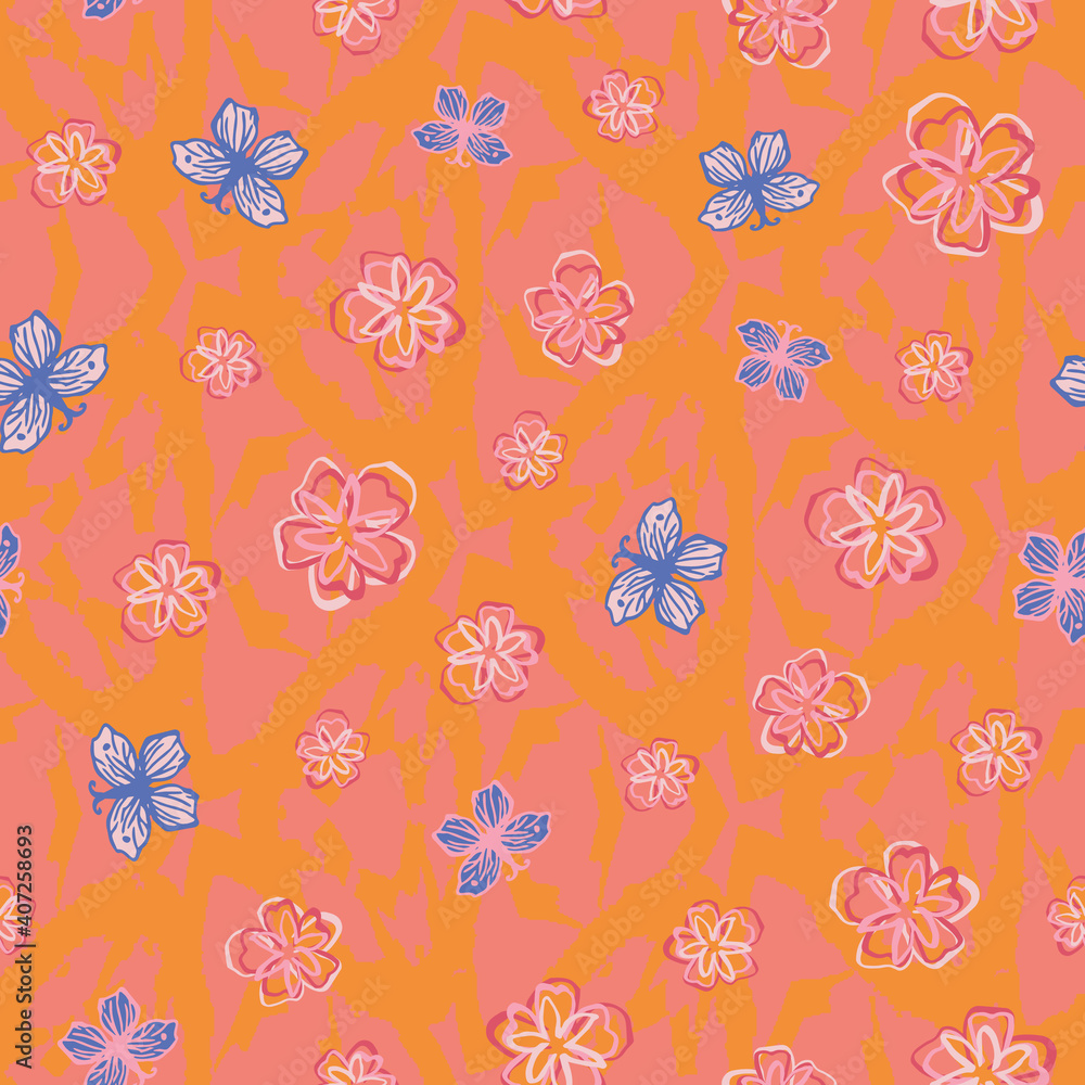 Pink flowers and blue butterflies seamless vector pattern on orange. Surface print design for fabrics, stationery, scrapbook paper, gift wrap, backgrounds, textiles, home decor, and packaging. Pink flowers and blue butterflies seamless vector pattern on orange. Surface print design for fabrics, stationery, scrapbook paper, gift wrap, backgrounds, textiles, home decor, and packaging.