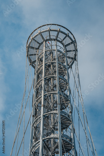 Lookout tower Brno from below. View from viewpoint Brno Holedna. Jundrov viewpoint. Steel watchtower. photo