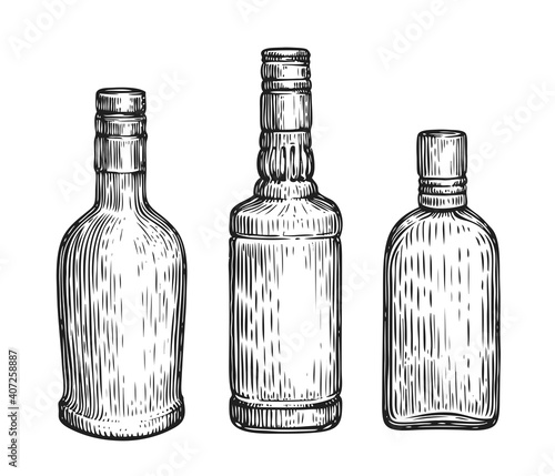 Glass bottles set. Alcoholic drinks sketch vintage vector illustration
