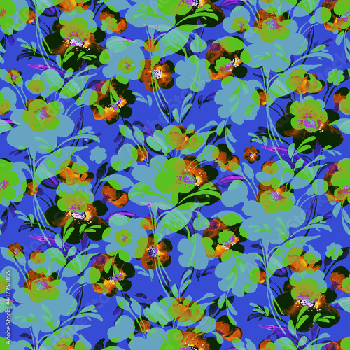 Abstract floral seamless pattern spring flowers drawn by paints on paper