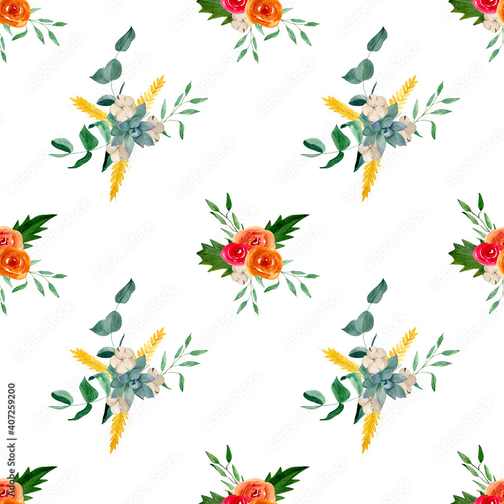 Fototapeta premium Flower seamless pattern with roses, eucalyptus, cotton, succulents and greenery. Backgrounds and wallpapers for invitations, cards, fabric, packaging, textile. Watercolor illustration. 