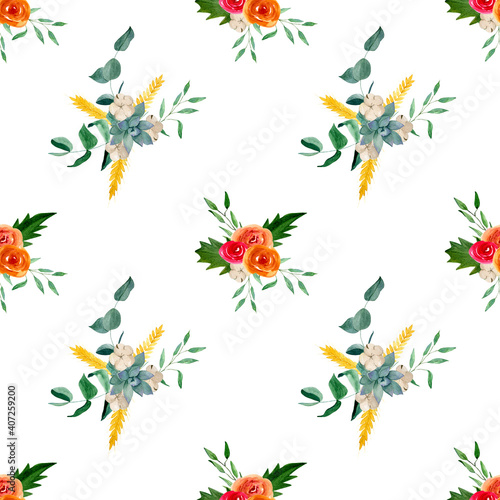 Flower seamless pattern with roses  eucalyptus  cotton  succulents and greenery. Backgrounds and wallpapers for invitations  cards  fabric  packaging  textile. Watercolor illustration. 