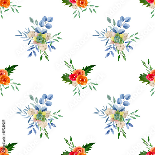 Flower seamless pattern with roses  eucalyptus  cotton  succulents and greenery. Backgrounds and wallpapers for invitations  cards  fabric  packaging  textile. Watercolor illustration. 