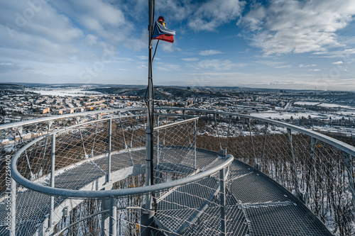 Top of lookout tower Brno. View from viewpoint Brno Holedna. Jundrov viewpoint. Steel watchtower. photo